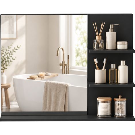 Miroir de salle de bain - miroir mural - kleankin - 3 étagères, modern, pour chambre à coucher, bureau - MDF - 60x10x48cm - noir (1/4)