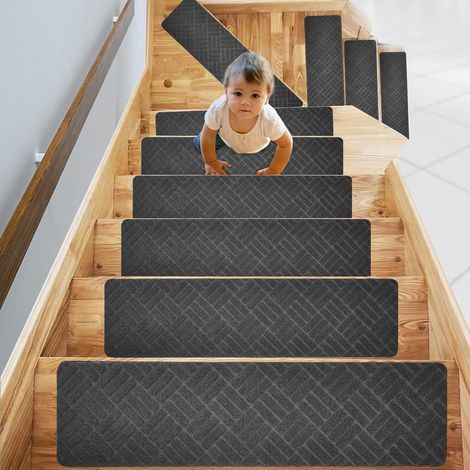 Tapis de Marche d'Escalier 76 x 20cm, 15 pièces Marchettes d'Escalier Auto-Adhésif, Antidérapant Protection d'Escalier pour Enfants Personnes âgées et Animaux Domestiques, Gris (Style 2) (1/5)