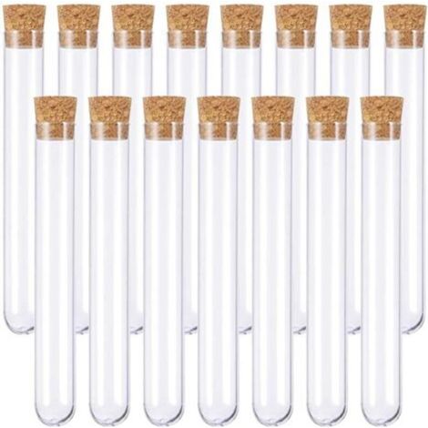 Juego de 15 tubos de ensayo de plástico transparente con tapones de corcho para uso en laboratorio, ideales para plantas, dulces y especias - KZQ