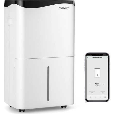 Séchoir de chantier 4 modes 50 l/jour avec minuterie 24 h, déshumidificateur intelligent avec activateur LED et ventilateur, réservoir d'eau de 5 l et tuyau de vidange, blanc (1/5)