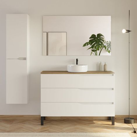 Meuble de salle de bain 120cm avec plateau et vasque ronde Ares - 3 tiroirs et colonne de rangement - blanc mat/medera miel - MATA
