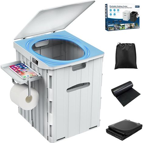 Inodoros portátiles para adultos, 39 cm de alto, inodoros de camping plegables extragrandes con estante extraíble para teléfono y portarrollos de papel higiénico, cubo hermético con tapa (gris) (1/4)