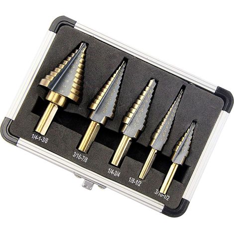 Coffret de 5 forets étagés professionnels en acier rapide à 2 cannelures, avec poinçon central et boîte en aluminium. (1/5)