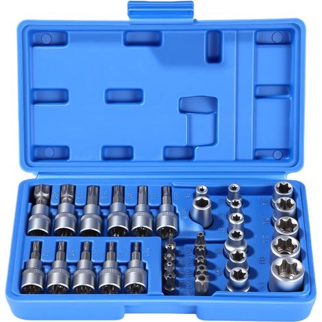 34-teiliges Torx-Steckschlüssel-Set (Innen- und Außen-Torx) mit S2-Bits, Sechskant-Torx-Bit-Steckschlüssel-Set (3/8 Zoll, 10 mm, T10–T60 5/16 Zoll, 8 mm, T10–T55), Torx-Set (3/8 Zoll, 10 mm, E4–E20) (1/5)