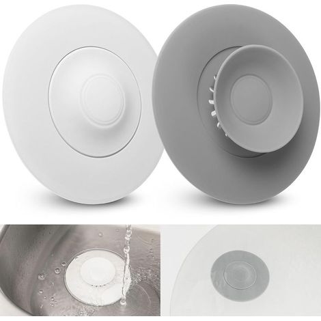 Bouchon d'Écoulement Universel, 4 Unités, Ø 10 cm, Blanc + Gris, Silicone, Filtre Intégré pour Restes de Nourriture et Cheveux, Drains jusqu'à Ø 80 mm pour Évier, Lavabo, Baignoire, Filtres de Vidage (1/5)