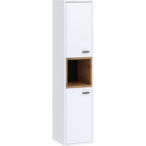 Armario colgante para baño Velum, Blanco + Roble Artisan, Montada en la pared, Número de puertas: 2, 133x30x30cm, Aglomerado laminado, Número de cajones: 0