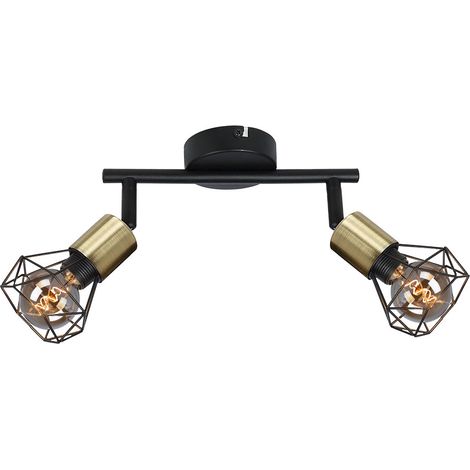 Faretto da soffitto vintage plafoniera 2 punti luce metallo nero, faretti mobili, rete metallica retro oro, 2x prese E14, HxLxL 20x22x8 cm (1/5)