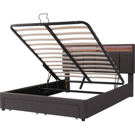 Cama canapé con LED 140 x 200 cm gris de lino con estructura de acero y somier de láminas (1/5)