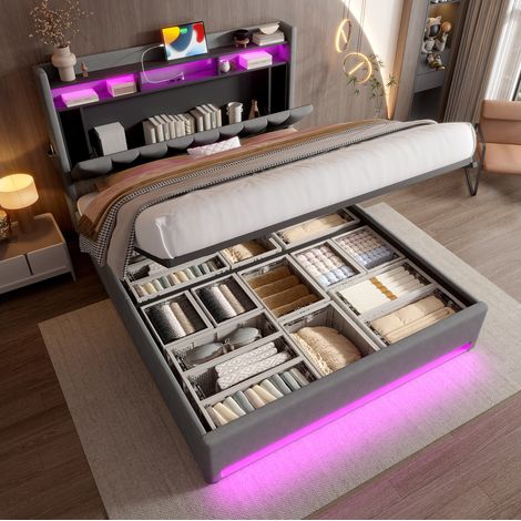 Letto contenitore 160x200 cm in velluto grigio con LED per camera adulta FloraGrace (1/5)
