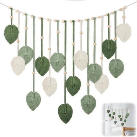Tapisserie Murale Macramé Feuille Verte - 1 pièce, vert, 120x75cm - decoration murale boheme salon chambre nature - macrame Lumiryn (1/5)