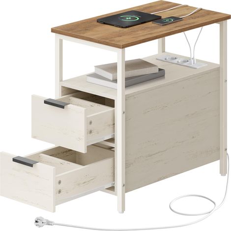 Table d’Appoint avec Multiprise, Petite et Fine avec 2 Tiroirs, Table de Chevet avec Rangement, pour Salon, Chambre, Marron Chaud et Blanc Nuage LET325W101 (1/5)