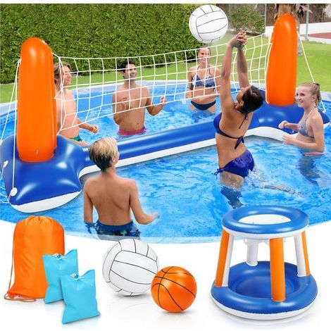 Subtail aufblasbares Volleyballset, 290 cm aufblasbare Poolmatratze mit Basketballkorb und Bällen, schwimmendes Volleyballspiel für Kinder und Erwachsene (1/5)