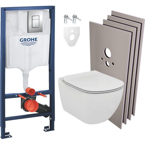 Grohe Pack WC Vorwandelement + Ideal Standard Tesi Aquablade spülrandlos WC+ Chromplatte + Verkleidungs-Set (HGROHEAQUA-SET-DE) (1/5)