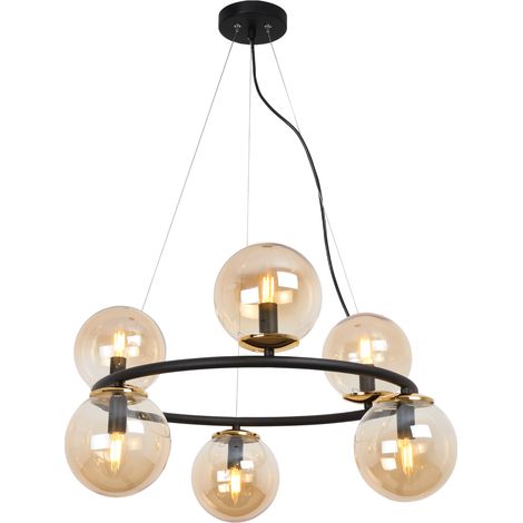 LAMPE À SUSPENSION AURA NOIRE ET OR 6 ABAT-JOUR PLATS MIEL E14 (1/5)