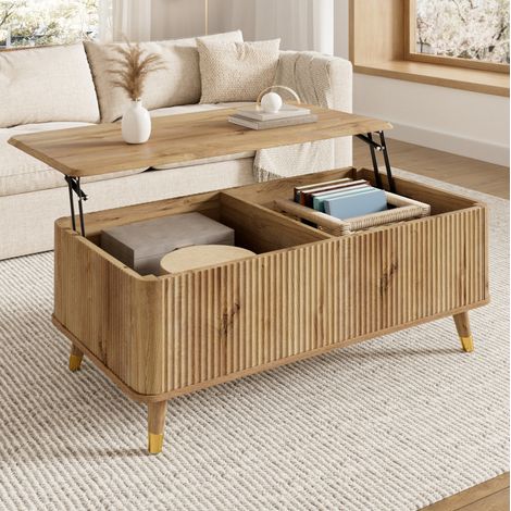 Mesa de centro elevable (97x52x56.5 cm), estilo retro moderno, con relieve ondulado, almacenaje oculto, MDF, color natural (1/5)
