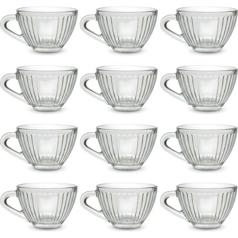 Set 12 Tazzine da Caffè in Vetro Trasparente 70 ml con Manico Design a Righe Verticali Senza Piattino Ideali per Espresso e Liquori Casa e Bar Professionali
