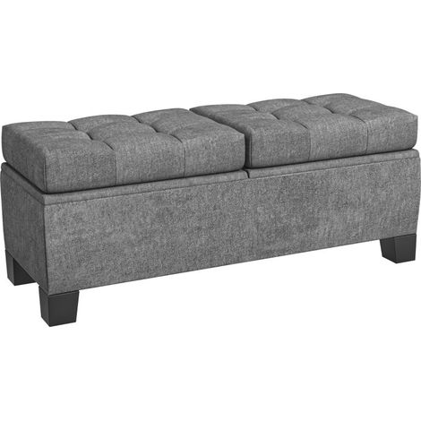 Banquette de rangement aspect lin gris, siège capitonné robuste, charge max 180 kg, multi-usage entrée, chambre et salon 116×41×47 cm