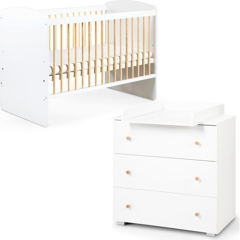 Monmobilierdesign – Ensemble lit bébé 120x60 avec commode à langer 3 tiroirs – Fabrication en pin et bois aggloméré – Peinture à l'eau sans solvant – Normes de sécurité européennes