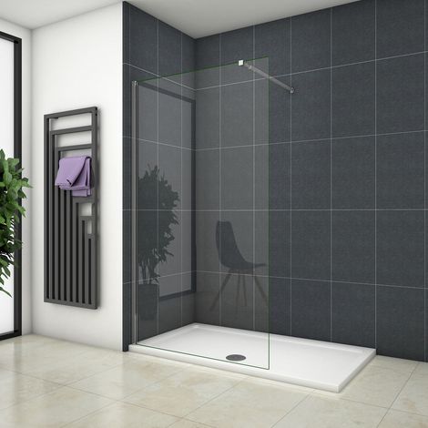 Paroi de douche 130x200cm verre 8mm securit avec receveur de douche blanc 150x70cm + bonde de douche + siphon + barre de fixation 73-120cm, Océan