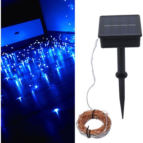 Guirlande lumineuse solaire de 20 m (65,6 pi) avec 200 LED, fil de cuivre étanche, pour jardin, cour ou villa, lumière bleue. (1/5)