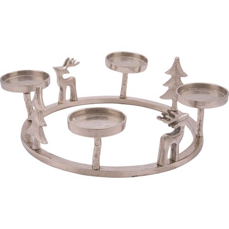 Alu Adventskranz silber mit 3D Figuren - 33 cm - Kerzenhalter aus Aluminium für 4 Stumpenkerzen oder Kugelkerzen - Tischdeko Advents Kerzen Ständer