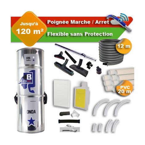 Aspiration centralisée sans sac OTTO BULL ONDA 400 INOX garantie 2 ans + flexible rétractable 12 m + poignée marche/arrêt + 7 accessoires + kit 1 prise RETRAFLEX + kit prise balai (rayon d'action 120 (1/5)