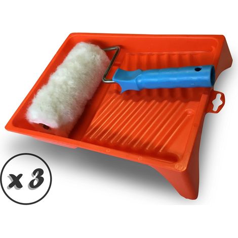 Bac à peinture plat Kit anti-gouttes Rouleau à poils longs polyester Largeur 18 cm Ø 8 cm - Quantité x 3 - Poils longs + Bac (1/5)