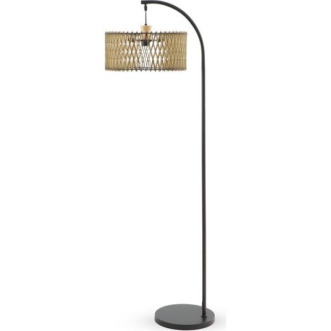 Lampadaire tulipe en contreplaqué naturel et noir avec base en métal noir (1/3)
