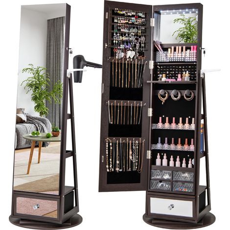 Armoire à bijoux pivotante marron foncé avec miroir pleine longueur, éclairage LED et serrure pour chambre et dressing (1/5)