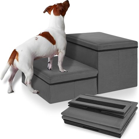 Escalier pour Chien et Chat, 2 Marches, Gris Rangement Intégré, Pliable, Antidérapante, Pour Chiots, Chats Petits/Moyens et Animaux Agés, Pour Lit et Sofa (1/5)
