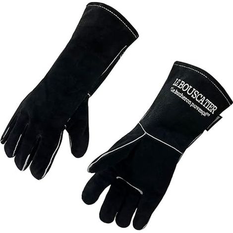 Paire de Gants camel de sécurité anti chaleur en cuir avec doublage intérieur pour poêle à bois, cheminée, barbecue, brasero et soudage. Résistant au feu, la soudure, le four, la cuisine NOIR