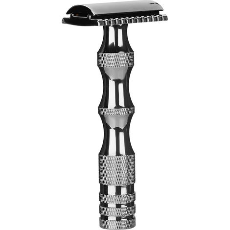 Rasoir manuel classique pour homme, double lame, poignée métal antidérapante, style vintage, noir, coupe nette et précise. (1/5)