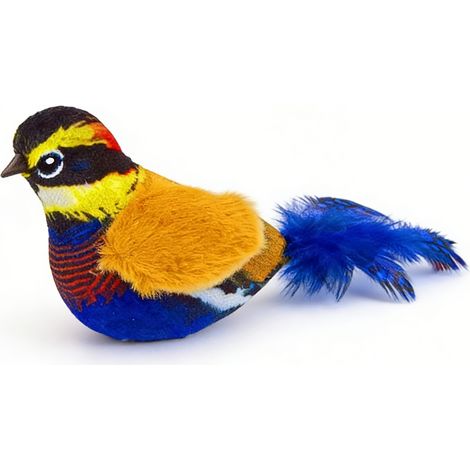Jouet Chat Peluche Oiseau [Marque] Modèle Bleu-Jaune Sonnerie Réaliste Plumes Naturelles Polyester Résistant Morsures (1/4)