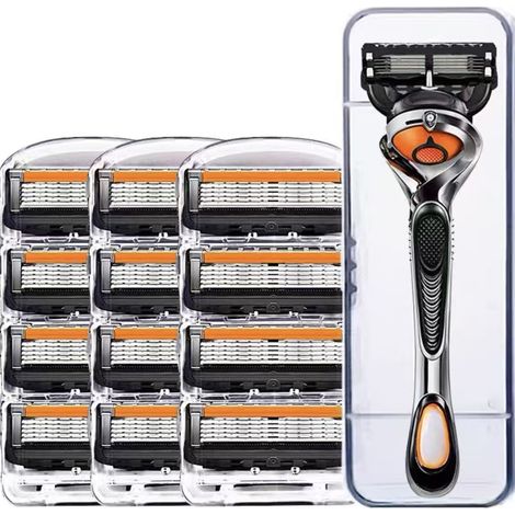 rasoir electriques hommes-Lames de rasoir à 5 lames pour hommes - Compatible avec rasoirs manuels (1 manche + 12 lames + étui de rangement)