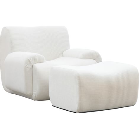 Fauteuil en chenille ivoire avec pouf, mousse haute résilience 30D, fauteuil une place pour petit espace, sans montage (1/5)