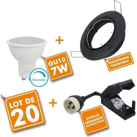 Lot de 20 x Spot encastrable Noir orientable complet LED 7W Dimmable eq 60W  Température de Couleur: Blanc Froid 6000K