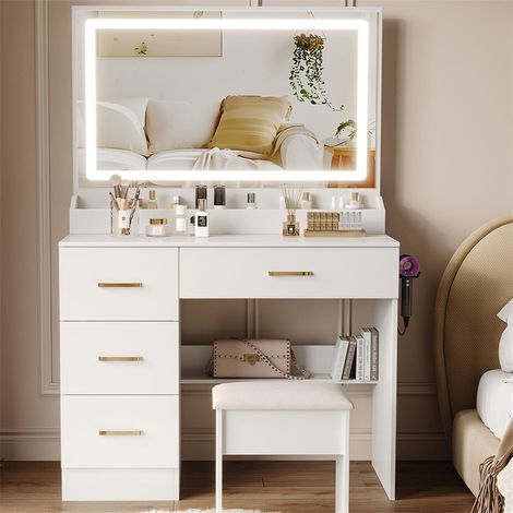 Dressing Table with Mirror and Stool, Vanity Desk Makeup Table with Chair, LED Lights (3 Colors, Adjustable Brightness) & Hairdryer Holder for Girls' Bedroom