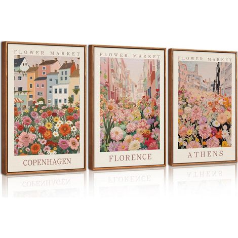 Lot de 3 cadres vintage avec images de fleurs, art mural rose voyage ville 30x40cm