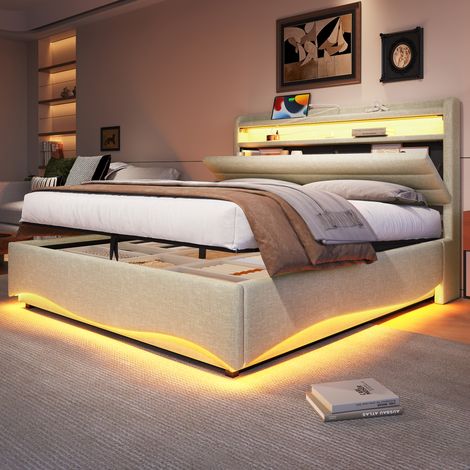 Bett 140x200 Stauraum LED Leinen Beige HAVRYA (1/5)