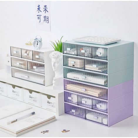 Coffret de Rangement à Tiroirs pour Bureau, Imperméable Anti-Poussière, Plastique Modulable Empilable, 3 Tiroirs Violet Rayé (1/2)