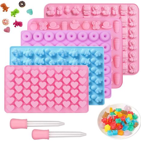moldes de silicona para caramelos, moldes para gominolas: osos, dulces, corazón, mini dinosaurio, moldes para gelatina, bandejas para cubitos de hielo con 2 goteros para gominolas y chocolate. (1/5)