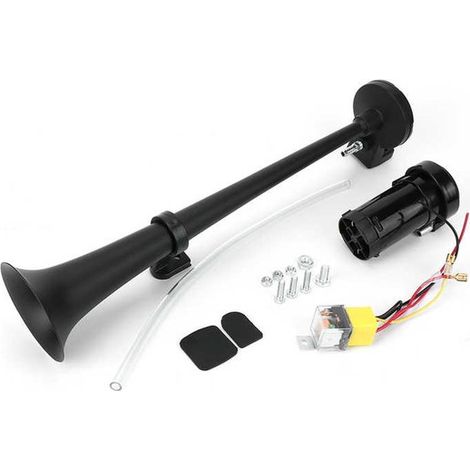 Bocina de aire de 12 V y 150 dB, bocina de aire 45 cm cromo zinc sola trompeta camión compresor todos vehículos 12 V, barcos automóviles (negra) (1/5)