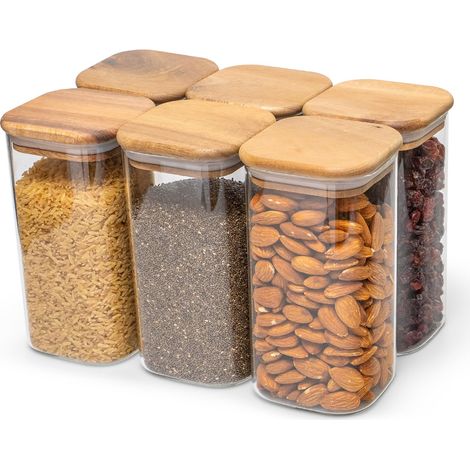 Bocaux de conservation avec couvercle en bois d'acacia - 6 x 800 ml - Lot de 6 boîtes de conservation hermétiques en verre borosilicate - Sans BPA - Empilables - Boîtes alimentaires (1/5)