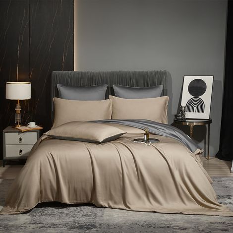 Parure de lit rafraîchissante en bambou 220 x 240 cm - Doré/kaki et gris - Pour l'été - Uni - Fibres de bambou Lyocell brillant - Respirantes - Avec housse de couette et taies d'oreiller 80 (1/5)