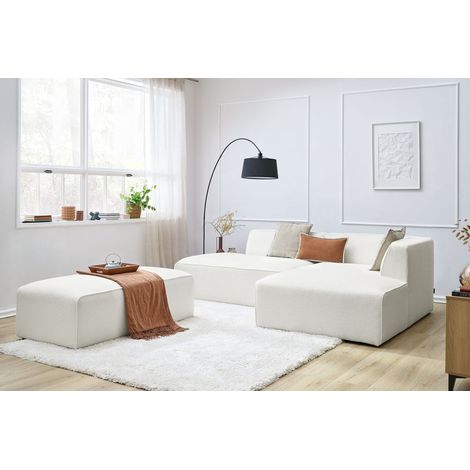 BOBOCHIC - Canapé d'angle fixe modulable MEGEVE tissu bouclette avec pouf Angle droit Blanc (1/5)