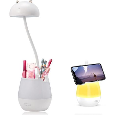 2 en 1 Lampe de Bureau LED + Veilleuse, 5 Niveaux de Luminosité, Lampe de Lecture Rechargeable avec Porte-Stylo et Support de Téléphone, Lampe de Table à Col de Cygne Réglable pour les Dortoirs (Ours) (1/5)