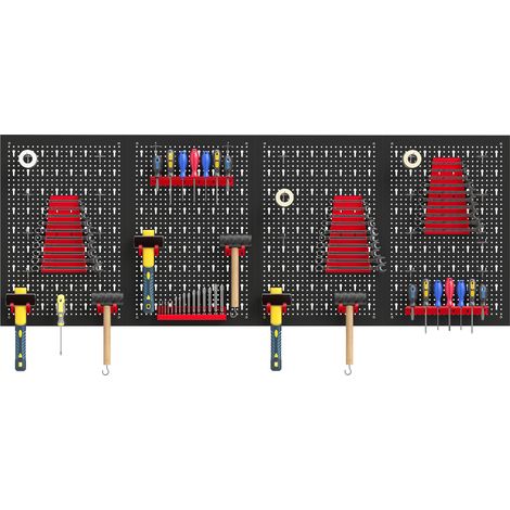 Ensemble de 4 Panneaux Porte-Outils Muraux en Acier 38 pièces, avec 12 Supports et 22 Crochets, Noir et Rouge (1/5)