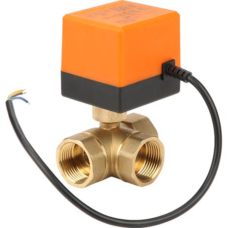 Robinet à bille motorisé 3 voies en laiton DN25 G1, vanne électrique pour climatisation, 24V DC, alimentation continue, raccord fileté, usage HVAC. (1/5)