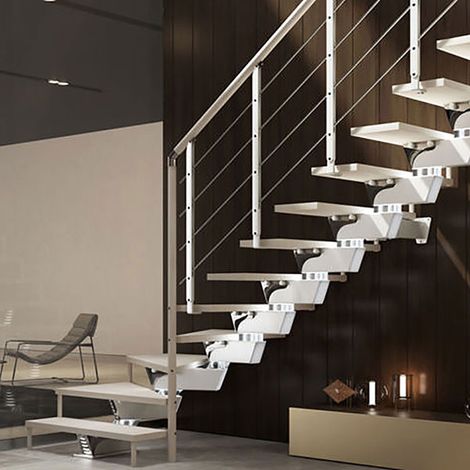 Viertelgewendelte Treppe mit 10 stufenanzahl - Zu erreichend Höhe 2.04 à 2.44m - Larg. 75cm - Holz und weiß - KNOCK75/L/BB-RH-10