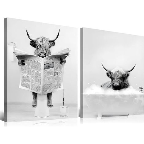 Badezimmer Bilder Hochland Kuh Leinwand Schwarz Weiß Rahmen Set 30x40 cm (1/5)